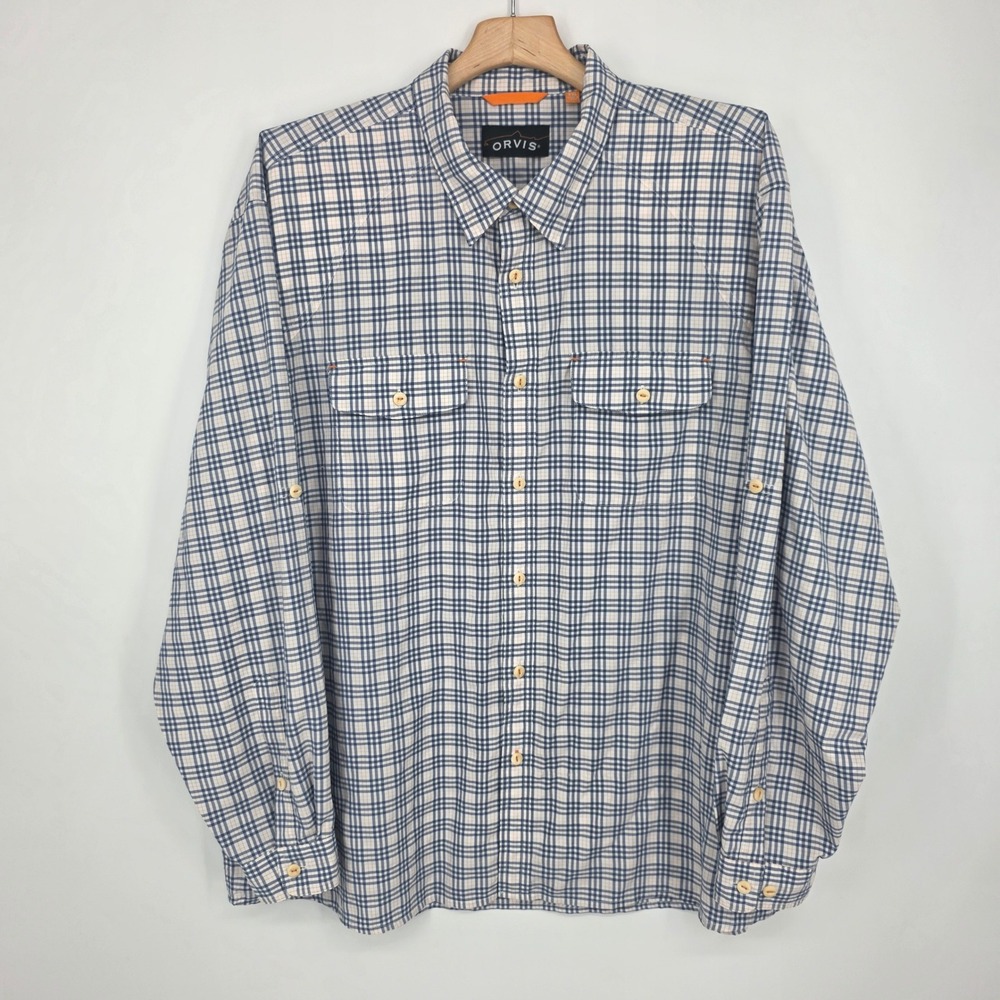 Orvis Mens XXL Blue Orange Plaid Roll Tab Long Sleeve Performance Fishing Shirt